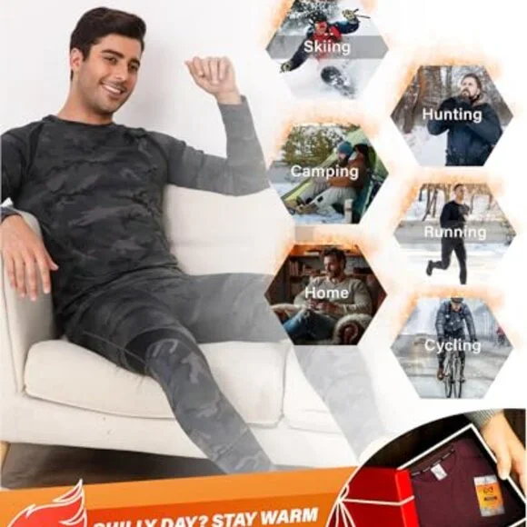 Men's Thermal Base Layer Set Fleece Lined Performance Fit Athletic